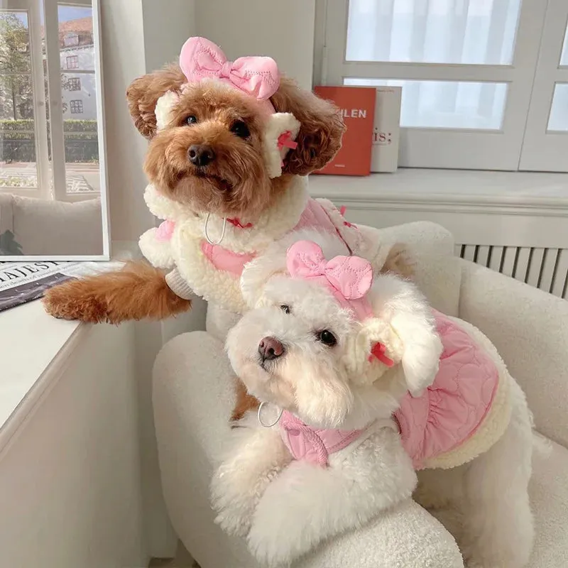 Korean Dog Clothes Kawaii Princess Dress Pink Pet Thickened Cotton Coat Puppy Sling Dress Winter Dog Warm Clothing