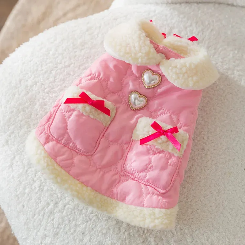 Korean Dog Clothes Kawaii Princess Dress Pink Pet Thickened Cotton Coat Puppy Sling Dress Winter Dog Warm Clothing