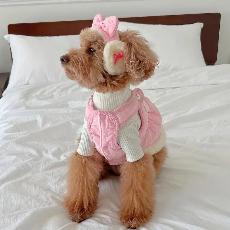 Korean Dog Clothes Kawaii Princess Dress Pink Pet Thickened Cotton Coat Puppy Sling Dress Winter Dog Warm Clothing