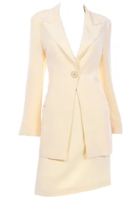 Krizia Cream Silk Blend Skirt and Long Blazer Jacket Suit