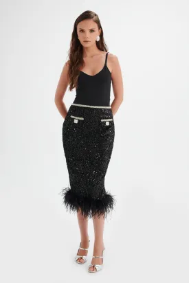 KYLIE Sequin Boucle Feather Hem Midi Skirt in Black