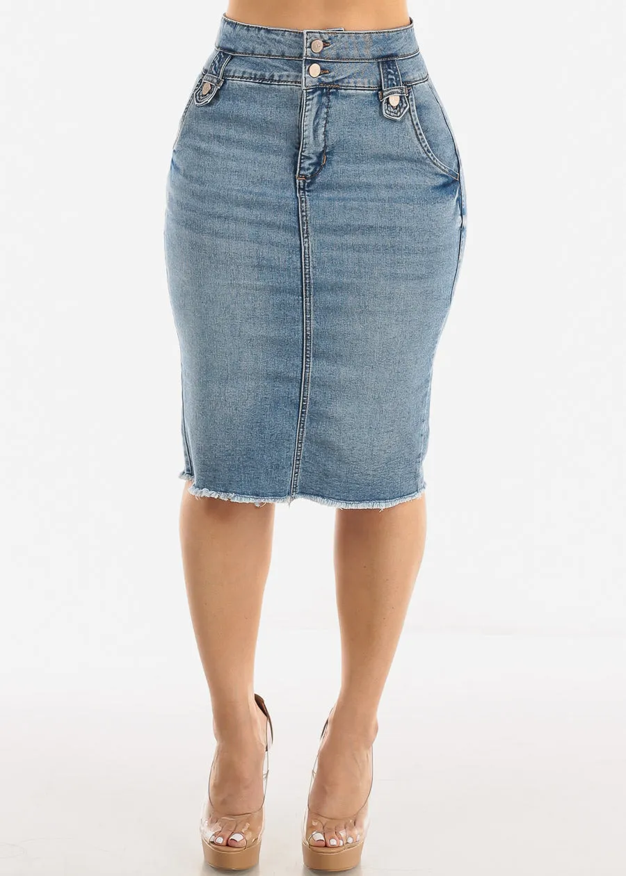 Light Butt Lifting Denim Fringe Hem Pencil Skirt