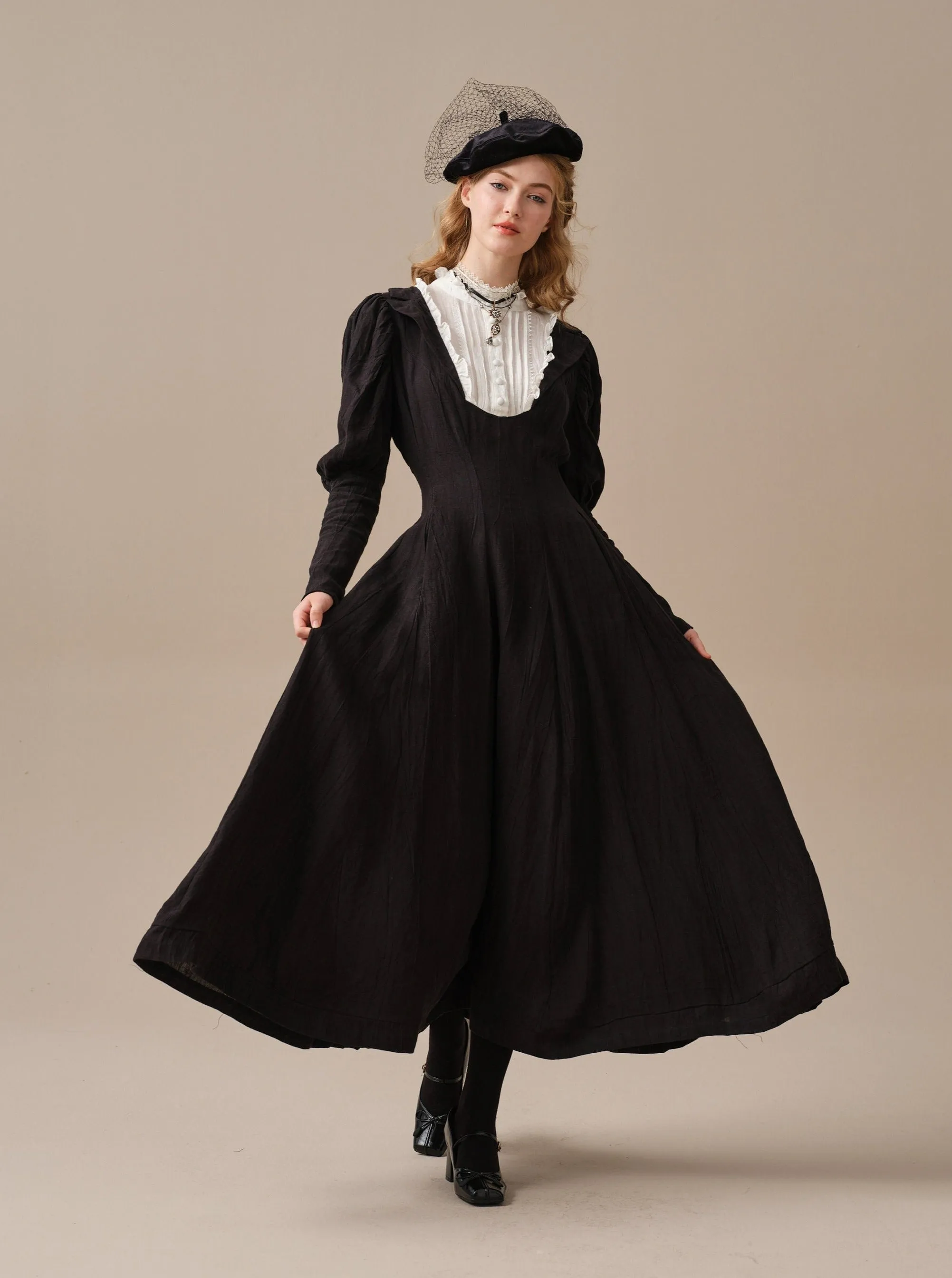 Luna 19 | 100% linen pintucked black dress