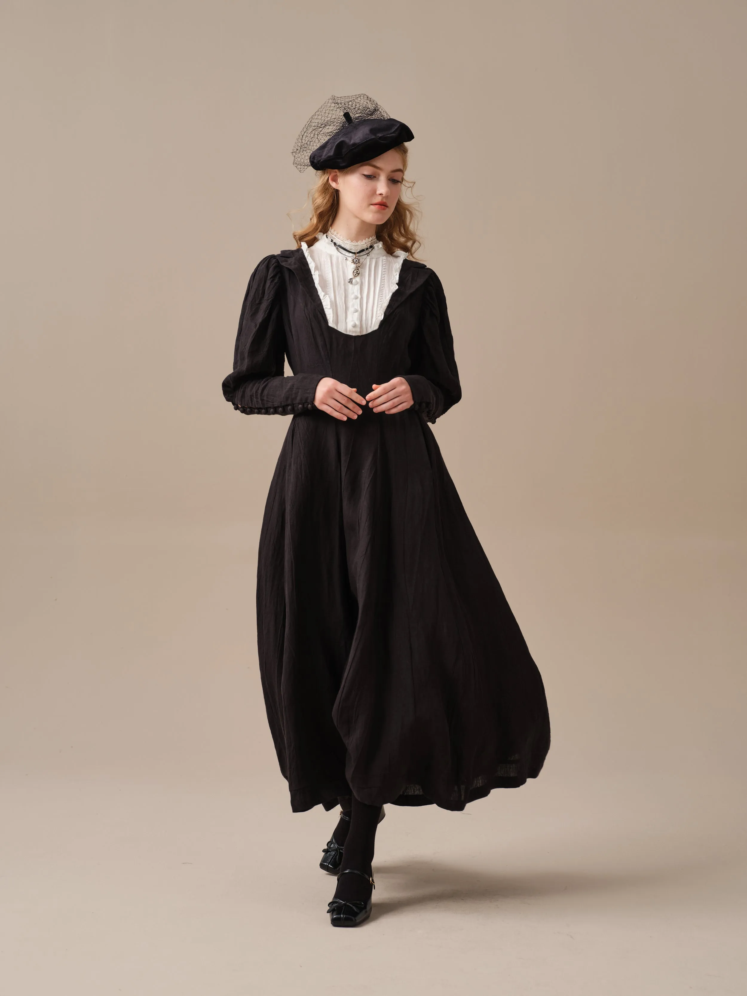 Luna 19 | 100% linen pintucked black dress