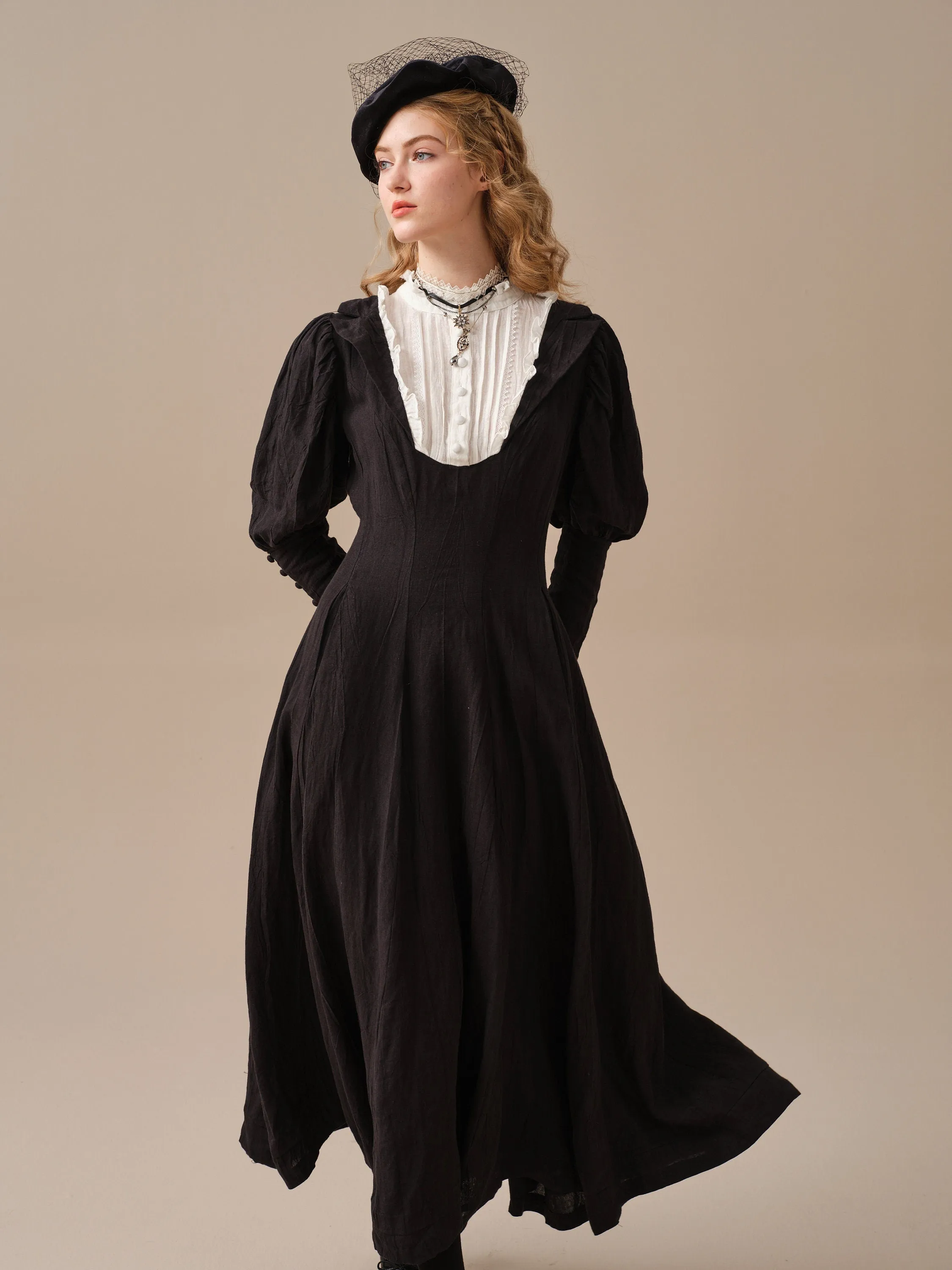 Luna 19 | 100% linen pintucked black dress