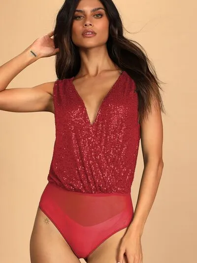 MDML Sequin Surplice Sleeveless Bodysuit