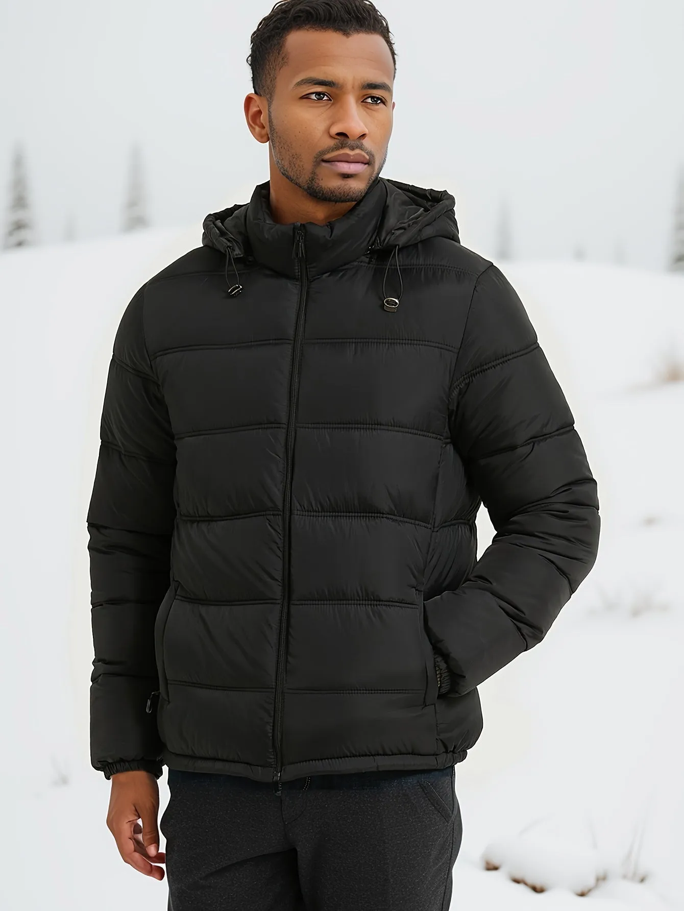 Men's Casual Sleek Solid Colour Puffer Jacket with Zip-Up and Hood | Ideal for Autumn/Winter