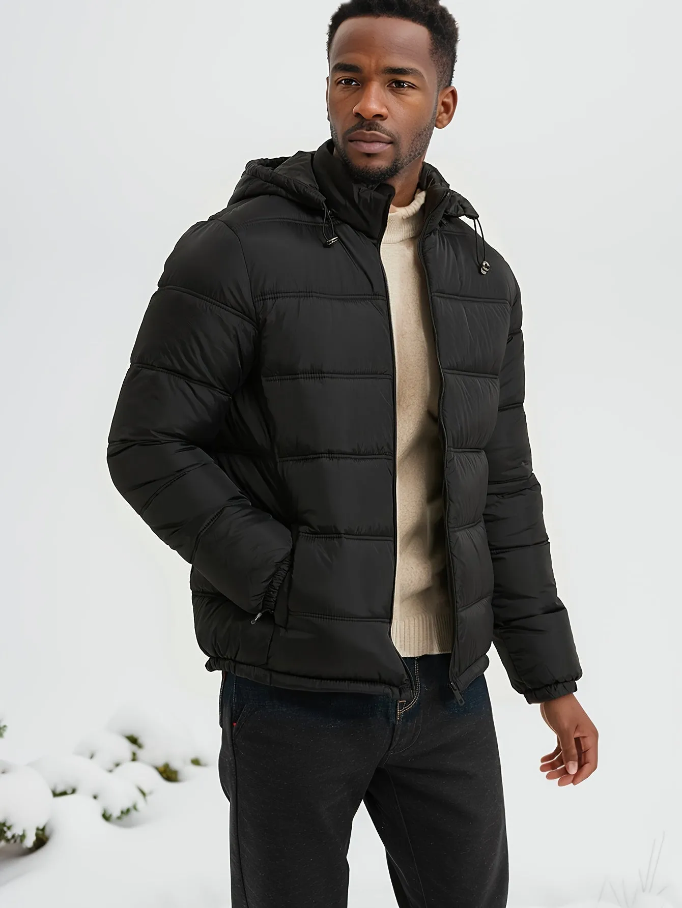 Men's Casual Sleek Solid Colour Puffer Jacket with Zip-Up and Hood | Ideal for Autumn/Winter