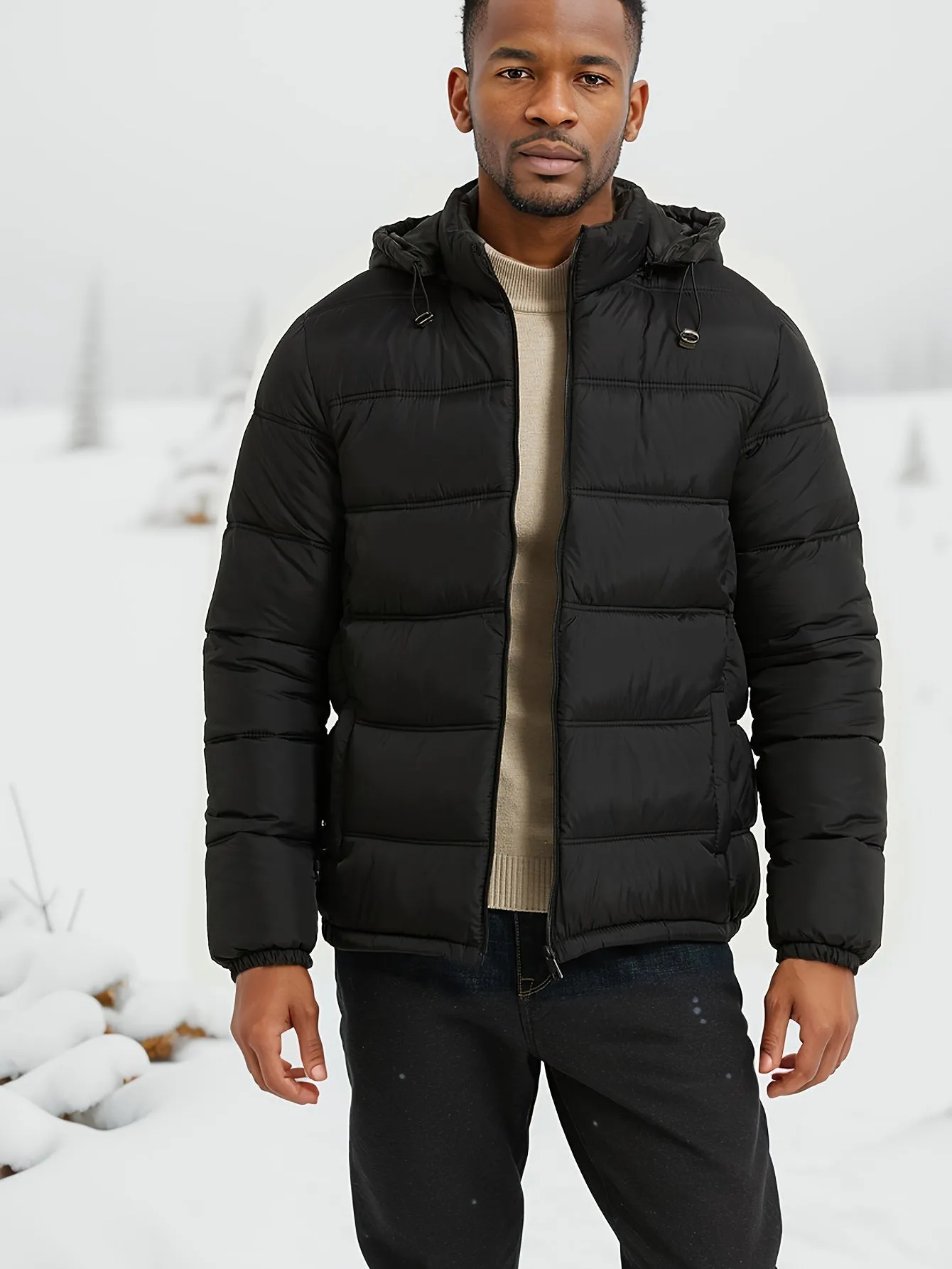 Men's Casual Sleek Solid Colour Puffer Jacket with Zip-Up and Hood | Ideal for Autumn/Winter