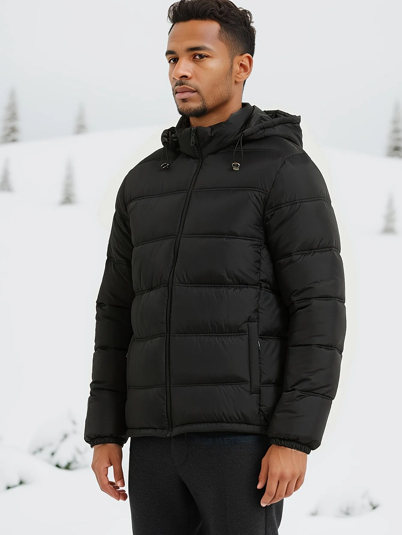 Men's Casual Sleek Solid Colour Puffer Jacket with Zip-Up and Hood | Ideal for Autumn/Winter