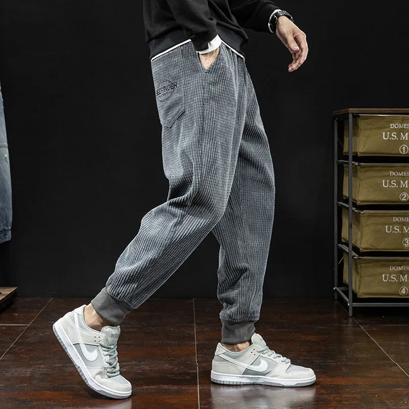 Mens Corduroy Pants Fall Retro Casual Pants Men's Loose Exercise Ankle-Tied Harem Pants