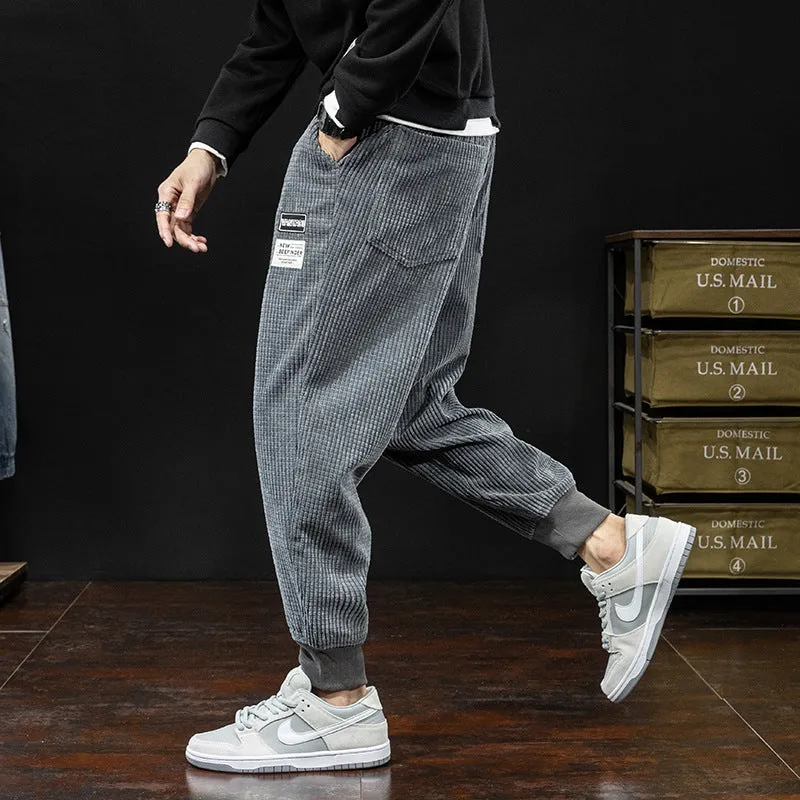 Mens Corduroy Pants Fall Retro Casual Pants Men's Loose Exercise Ankle-Tied Harem Pants