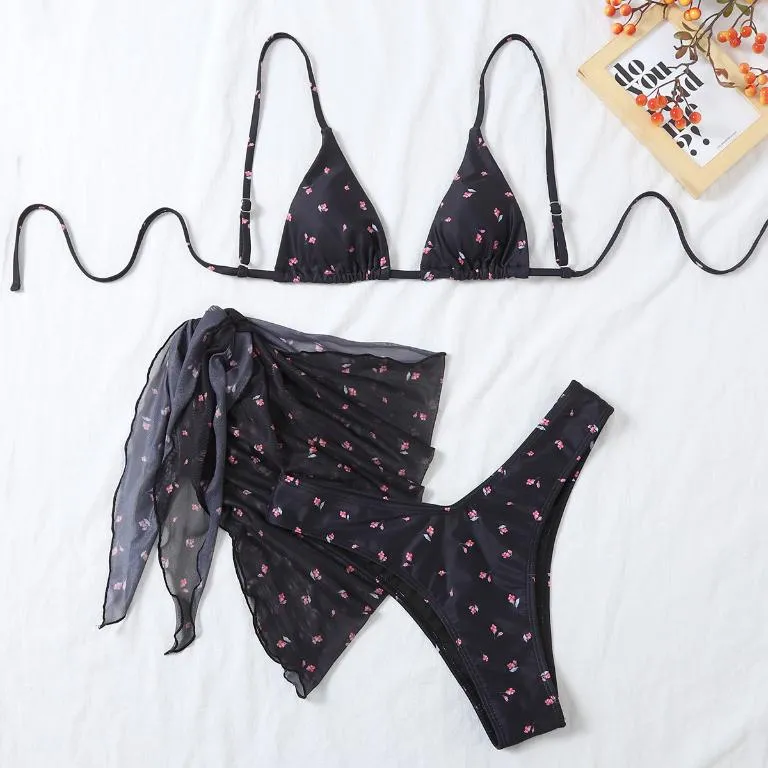 Mesh 3 pieces swimsuit bikini set Floral print swimwear Women Triangle swimsuit women String swimming suit bathing suit