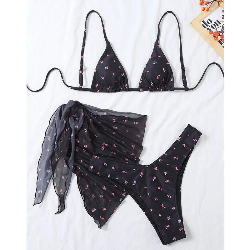 Mesh 3 pieces swimsuit bikini set Floral print swimwear Women Triangle swimsuit women String swimming suit bathing suit