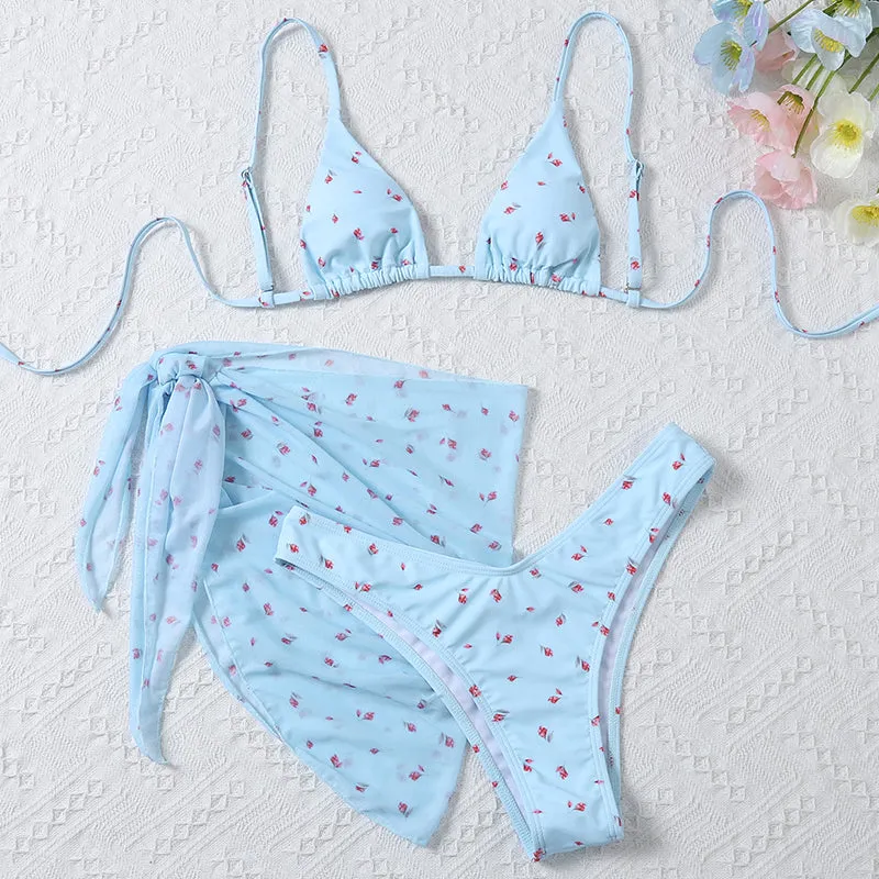 Mesh 3 pieces swimsuit bikini set Floral print swimwear Women Triangle swimsuit women String swimming suit bathing suit