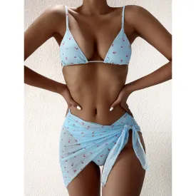 Mesh 3 pieces swimsuit bikini set Floral print swimwear Women Triangle swimsuit women String swimming suit bathing suit