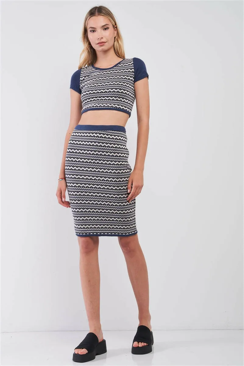 Navy & White Geometrical Pattern Short Sleeve Crop Top & High-waisted Pencil