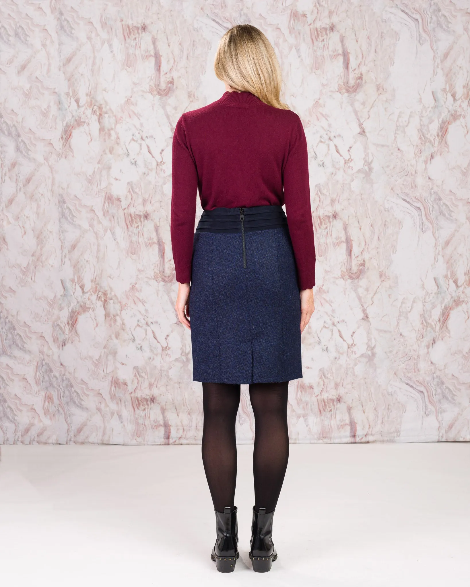 Norah Tweed Skirt - Navy Herringbone