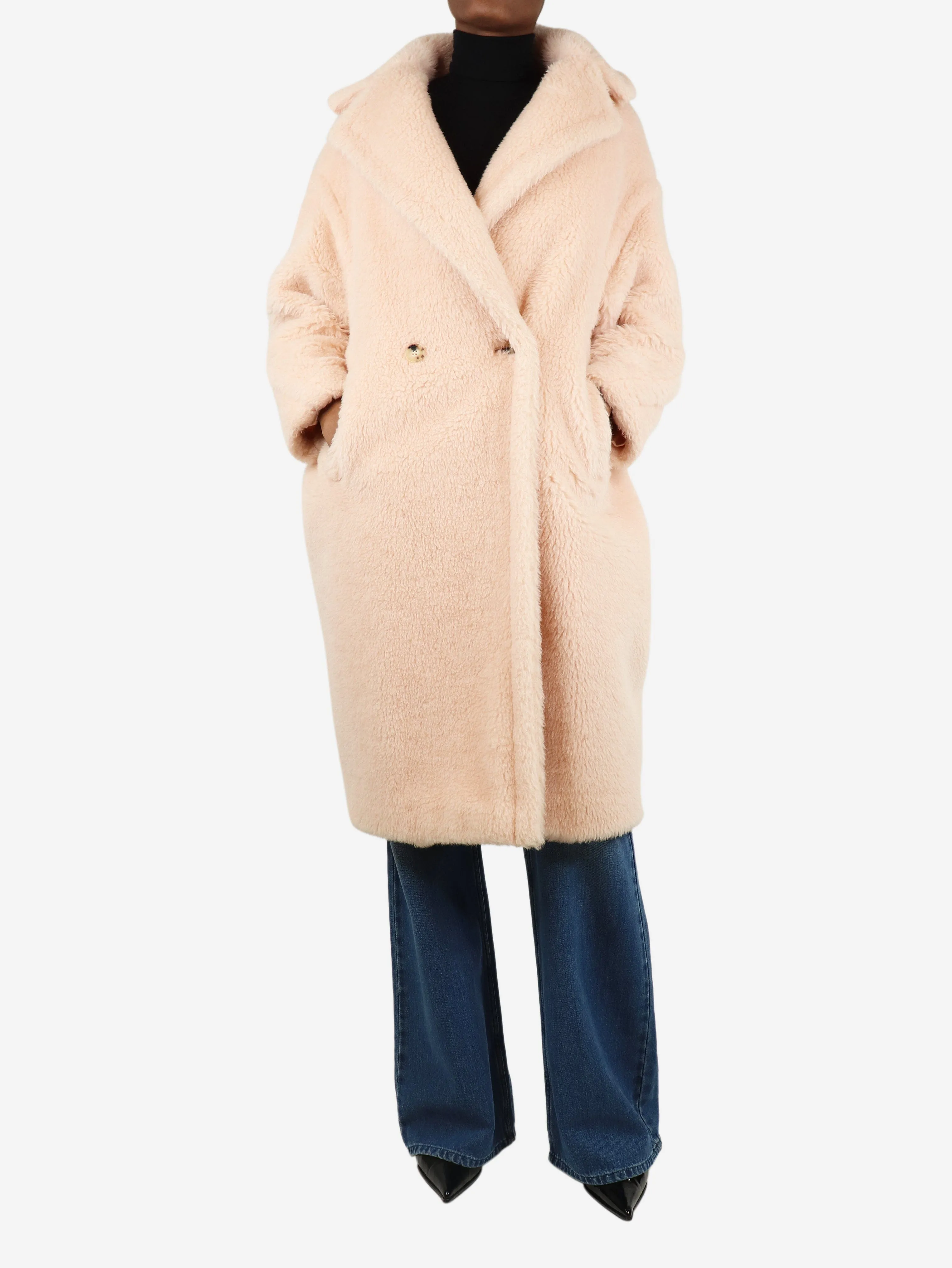 Pink double-breasted teddy coat - size XS