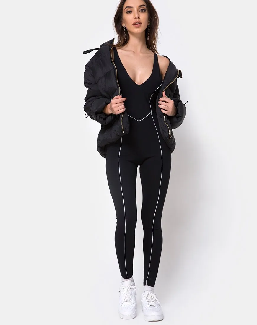 Pion Plunge Catsuit in Black with Piping Line