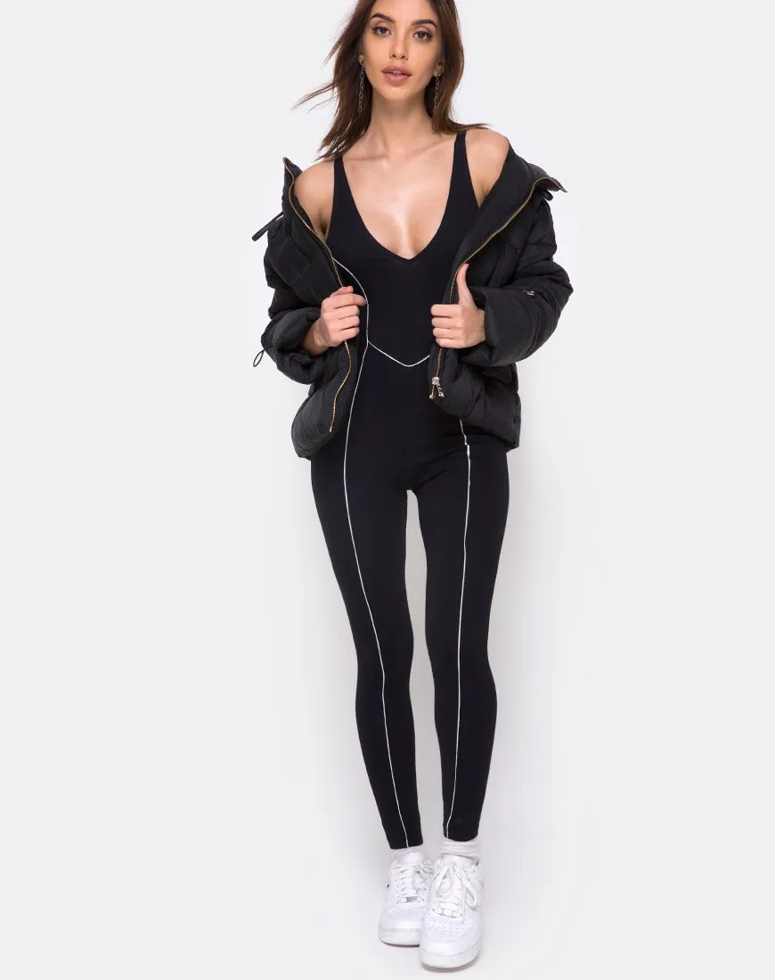 Pion Plunge Catsuit in Black with Piping Line