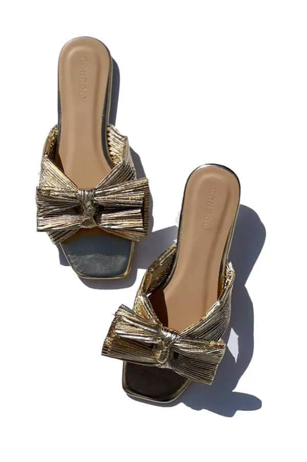 Pleated Metallic Bow Flat Sandal