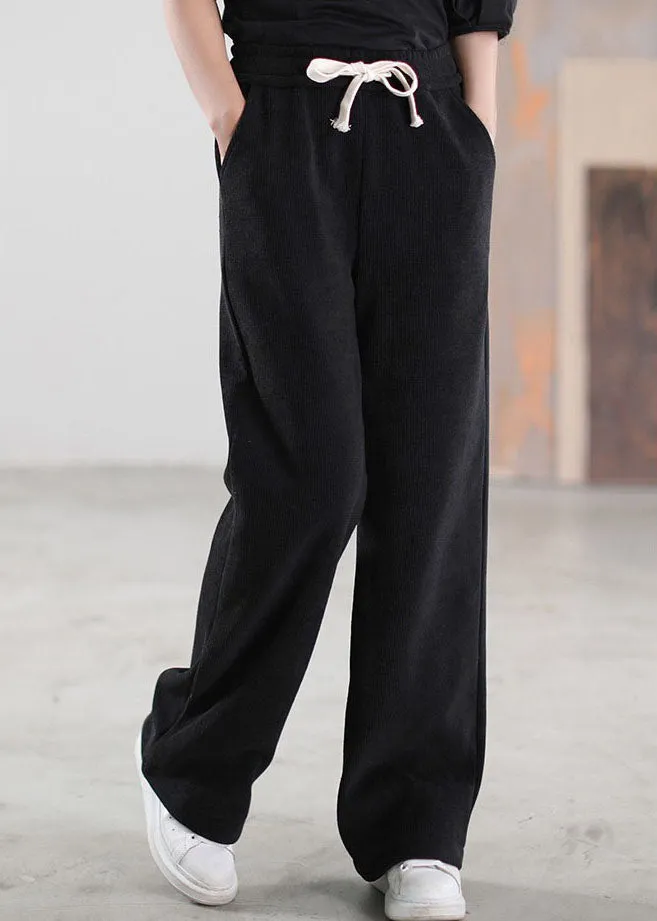 Plus Size Black Cinched Pockets Corduroy Pants Winter