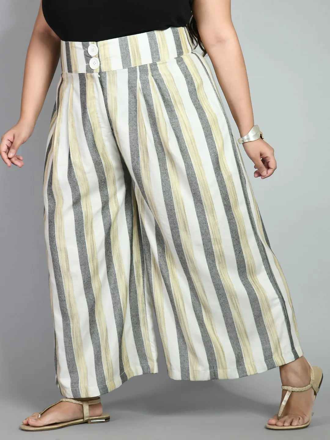 Plus Size Plus Size Striped White & Grey Culottes