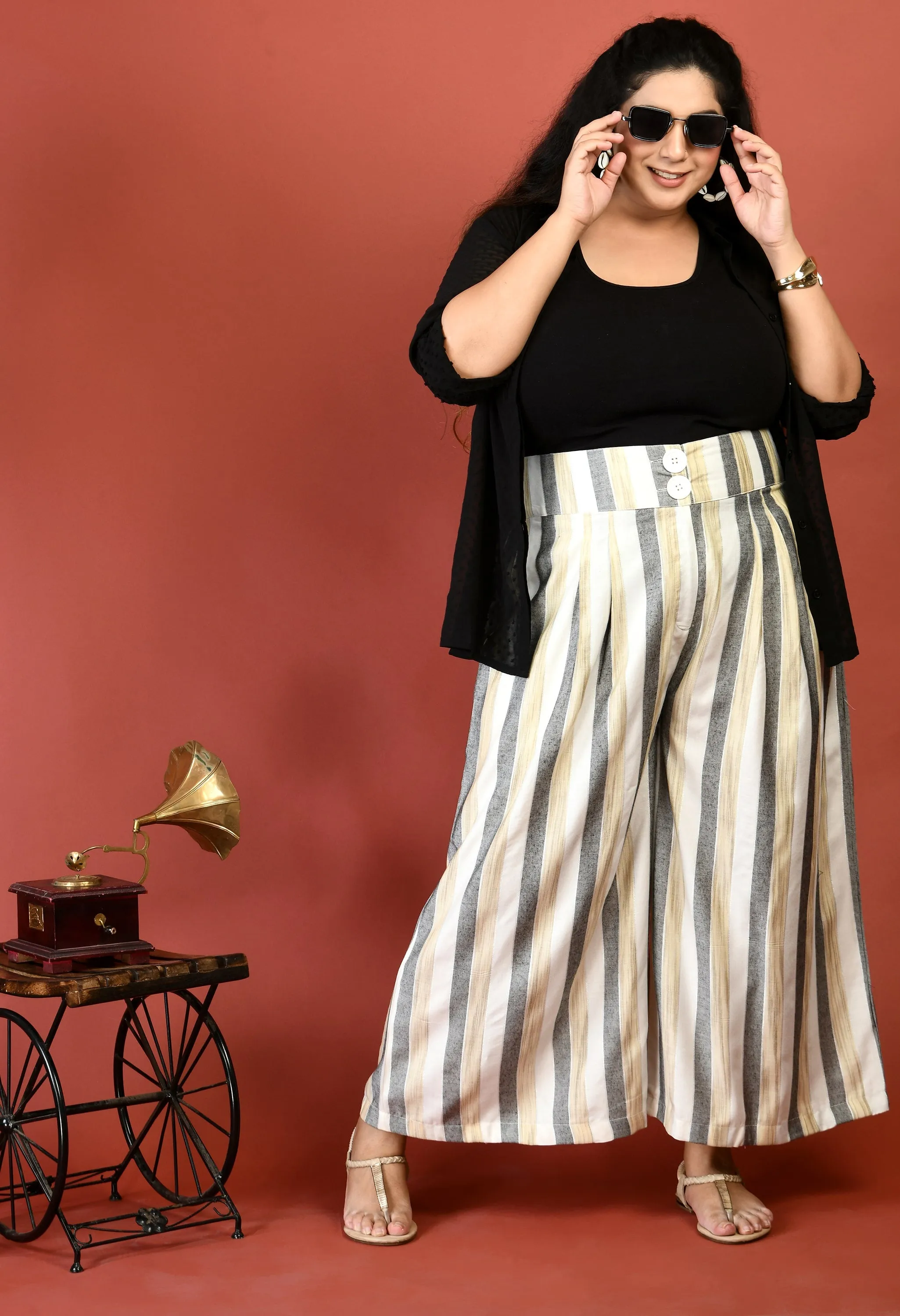 Plus Size Plus Size Striped White & Grey Culottes