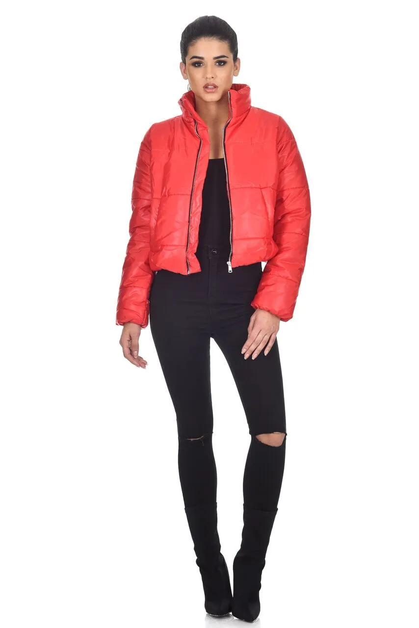 Red Wet Look Puffer Jacket