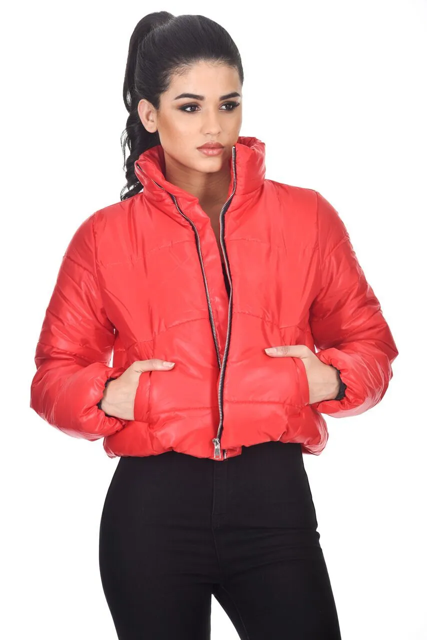 Red Wet Look Puffer Jacket