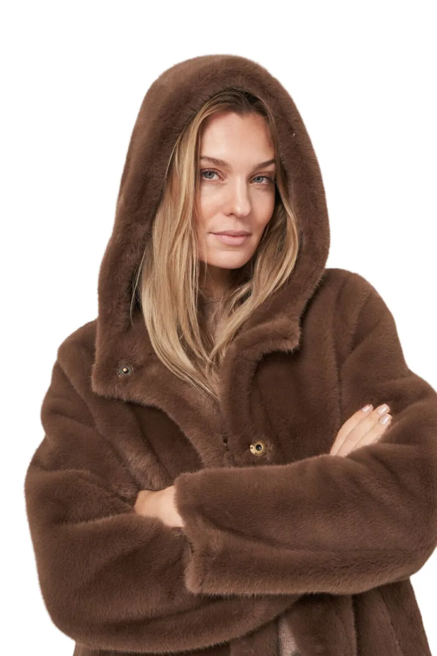 Repeat Cashmere Faux Fur Coat in Coffee