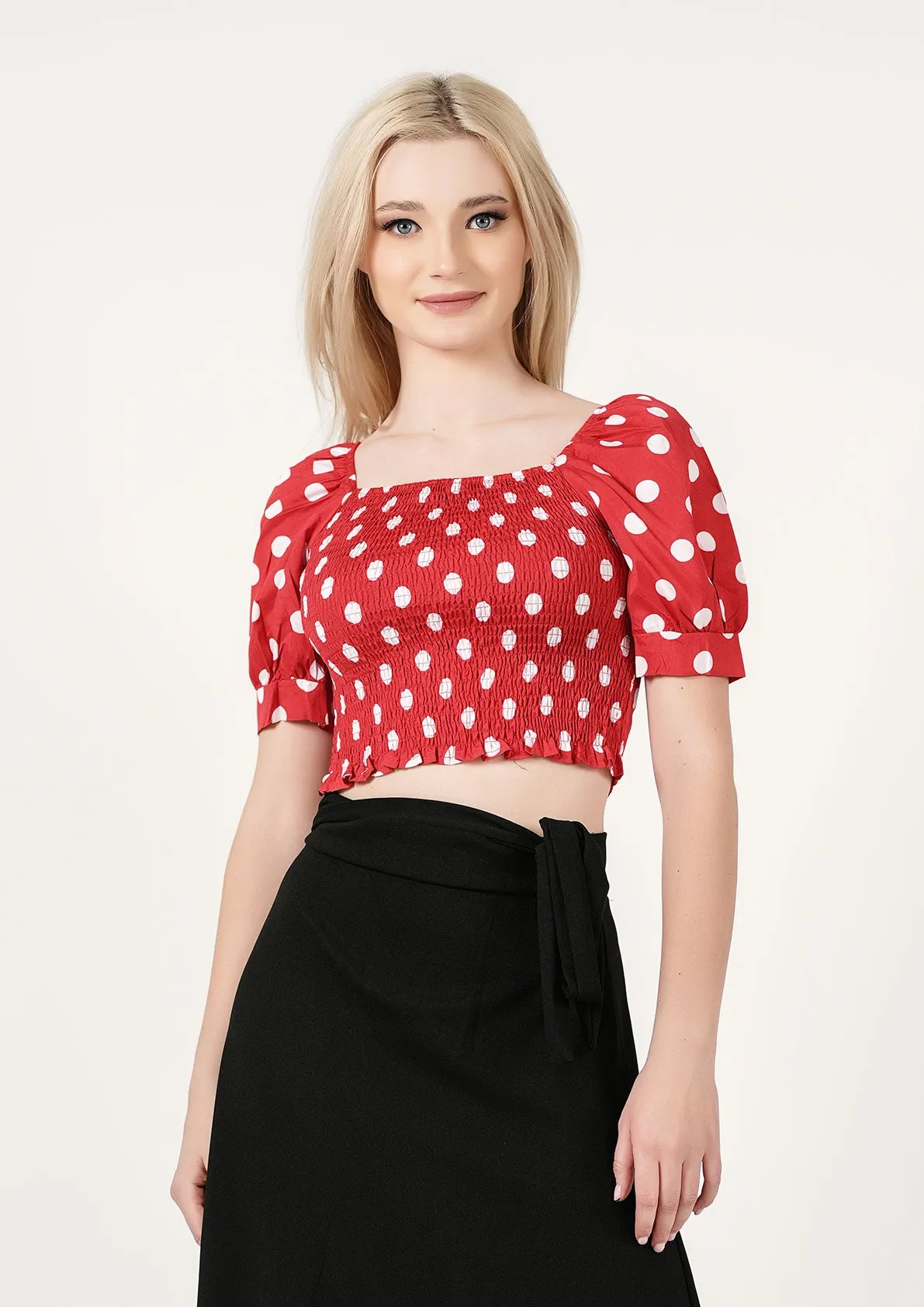 Retro Charm: Polka-Dot Puff-Sleeve Crop Top