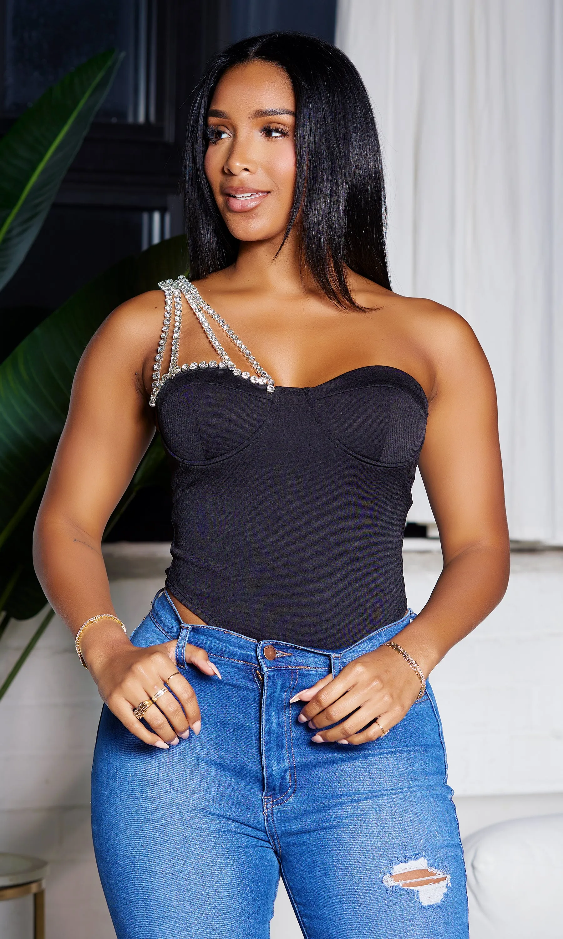 Rhinestone Sleeve Bodysuit - Black