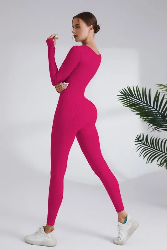 Rose Square Neck Ribbed Long Sleeve Jumpsuit