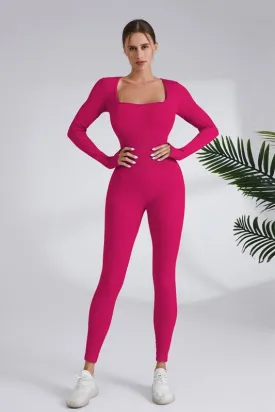 Rose Square Neck Ribbed Long Sleeve Jumpsuit