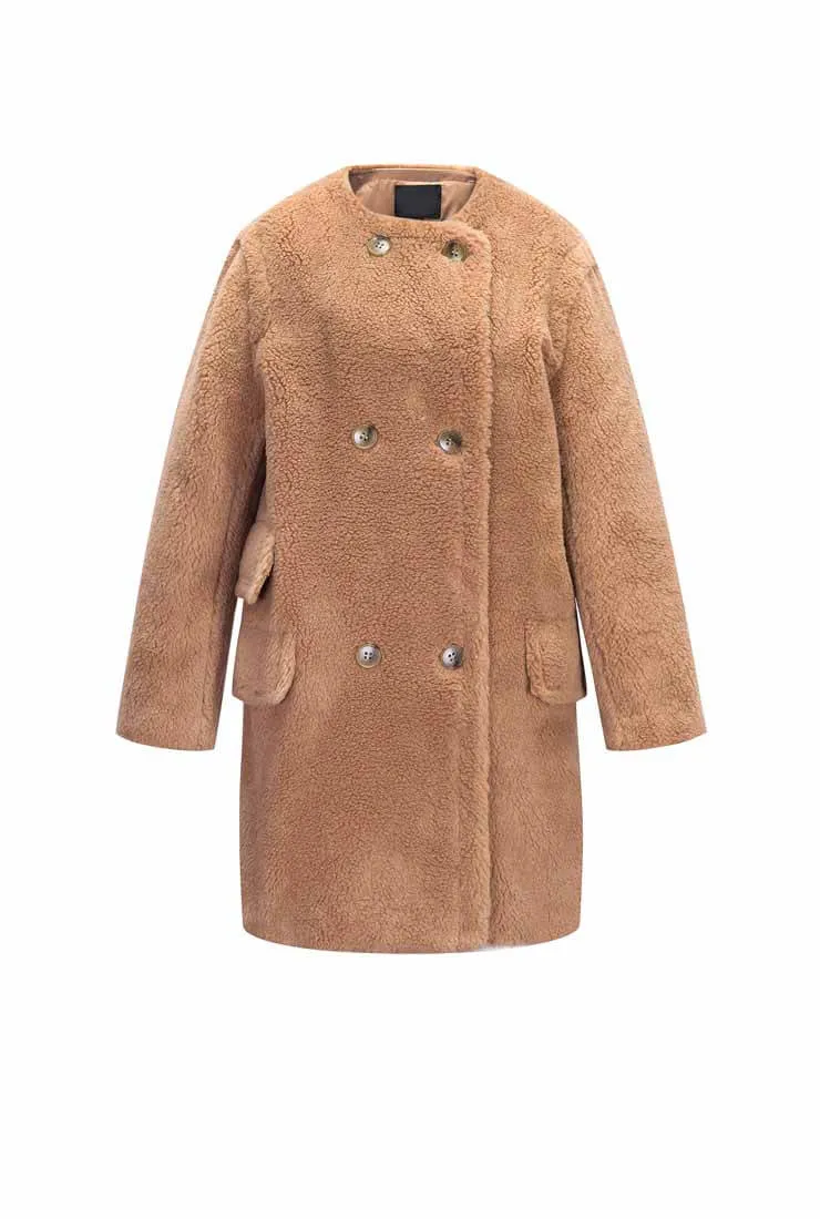 Round Neck Teddy Long Loose Wool Coat