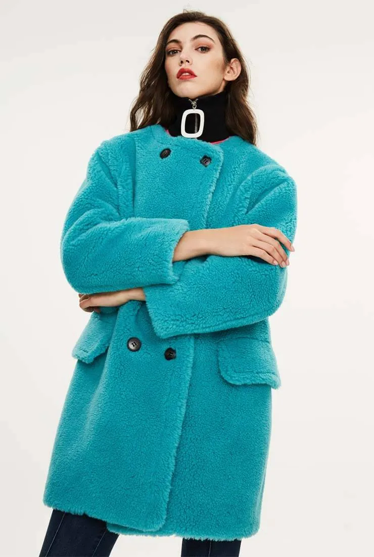 Round Neck Teddy Long Loose Wool Coat