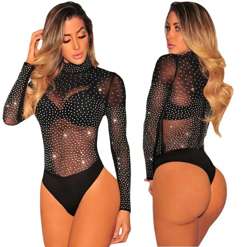 Seductive Rhinestone-Embellished Black Long Sleeve Black Bodysuit