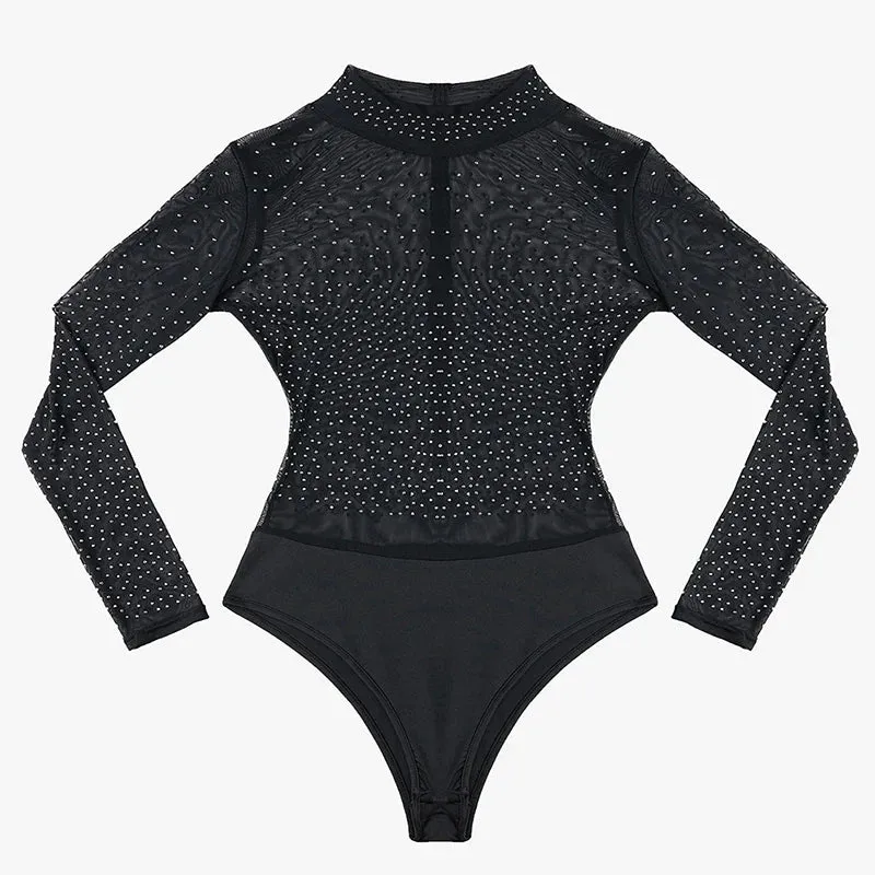 Seductive Rhinestone-Embellished Black Long Sleeve Black Bodysuit