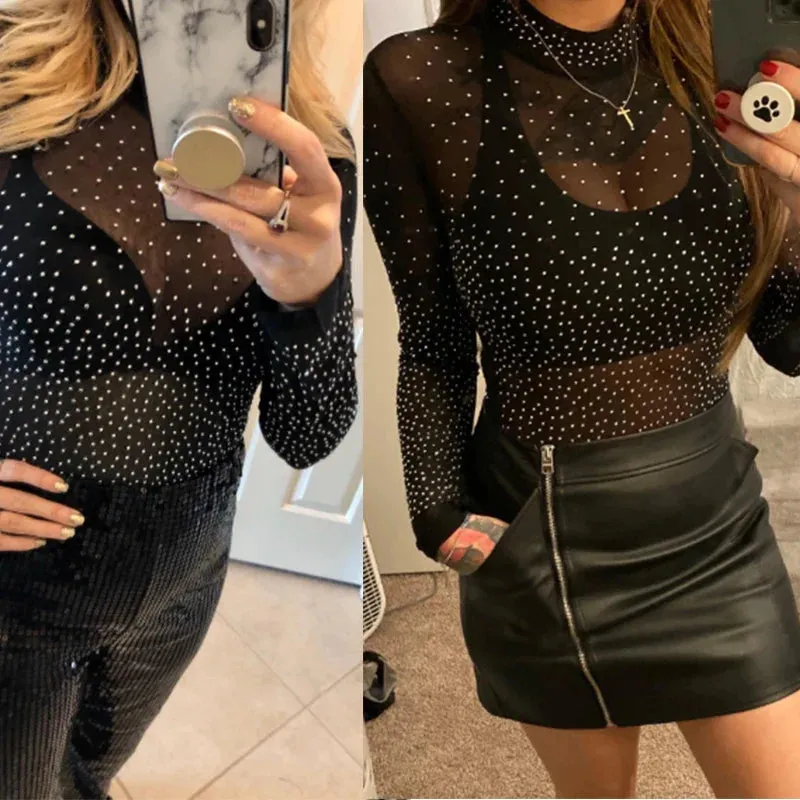 Seductive Rhinestone-Embellished Black Long Sleeve Black Bodysuit