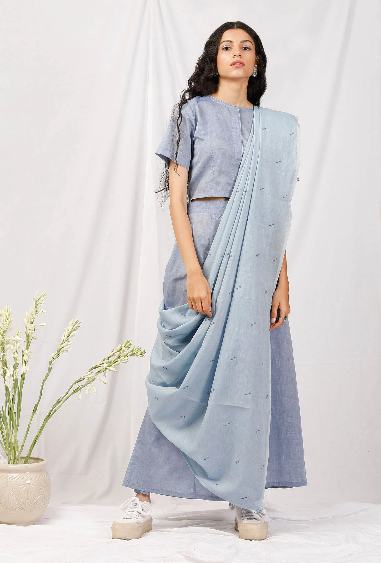 Set Of 3: Chambray Blouse And Culottes With Jamdani Saree