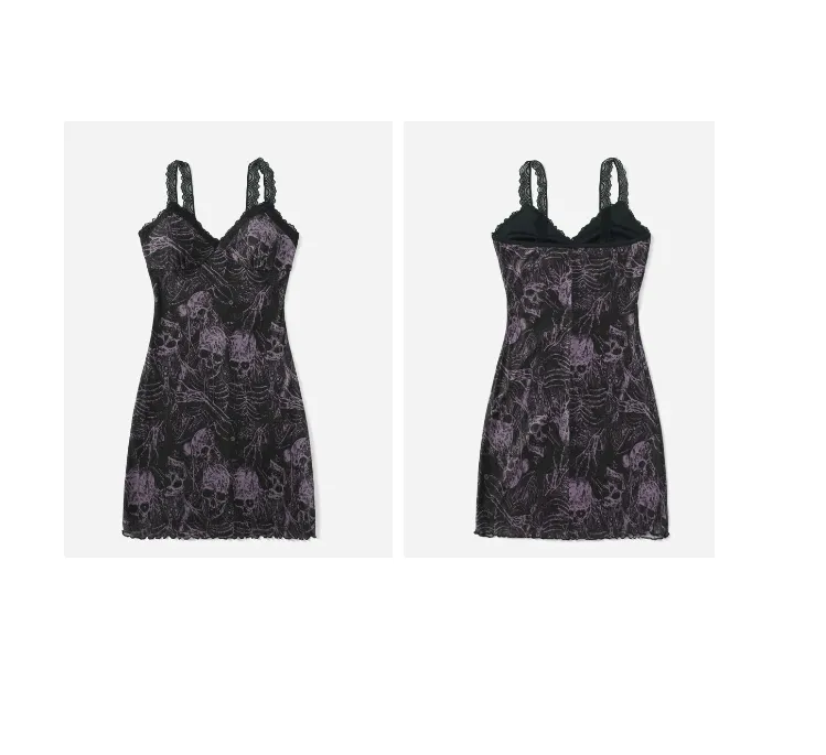 Spooky Halloween Horror Skeletons Dark Lace Trimmed Slip Dress