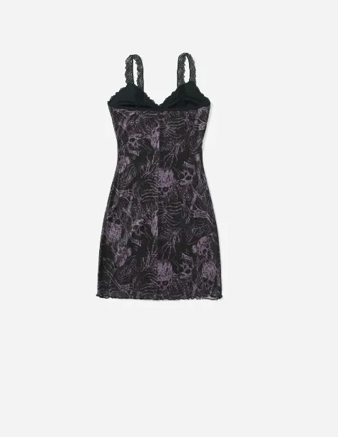 Spooky Halloween Horror Skeletons Dark Lace Trimmed Slip Dress