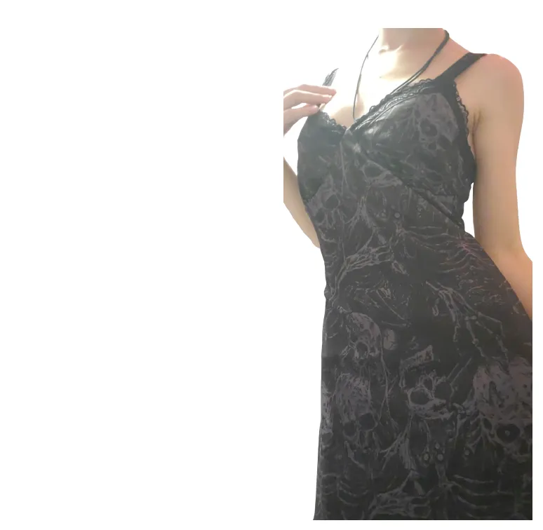 Spooky Halloween Horror Skeletons Dark Lace Trimmed Slip Dress