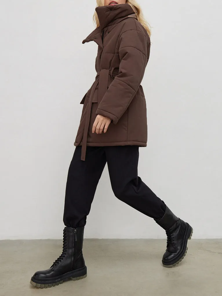 Stand Collar Tie Up Long Puffer Jacket