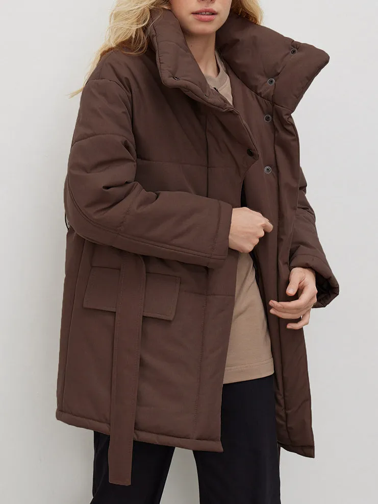 Stand Collar Tie Up Long Puffer Jacket