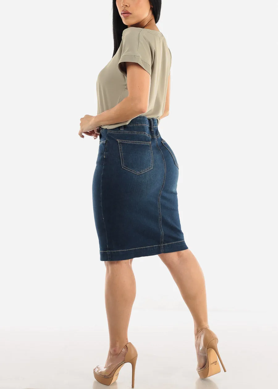 Stretchy Button Up Dark Denim Pencil Skirt