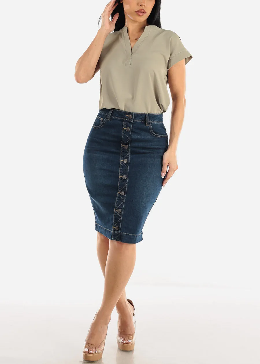 Stretchy Button Up Dark Denim Pencil Skirt