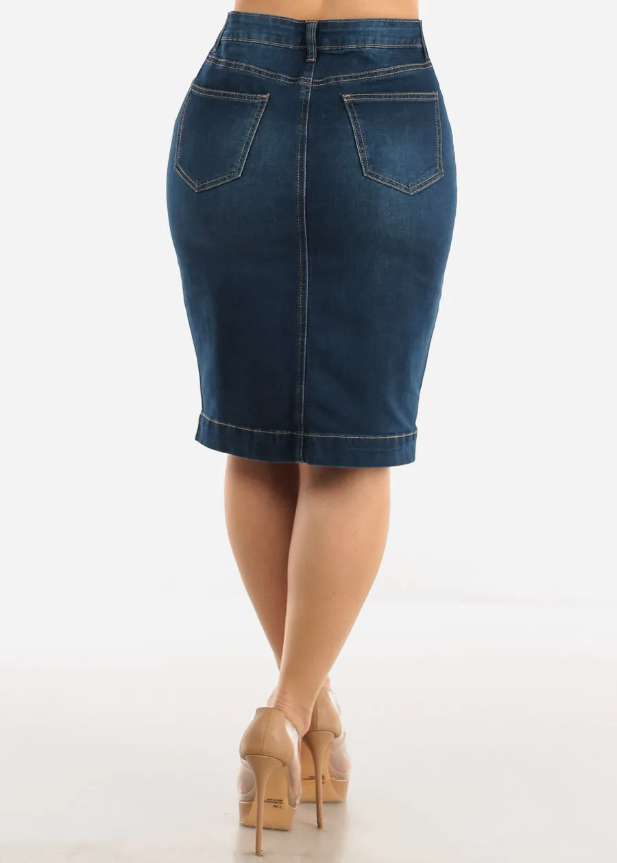 Stretchy Button Up Dark Denim Pencil Skirt